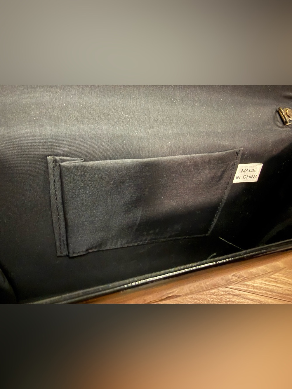 Black Patent Shell-Flap Formal Shoulder Bag with Gold Chain - Picture 7 of 9